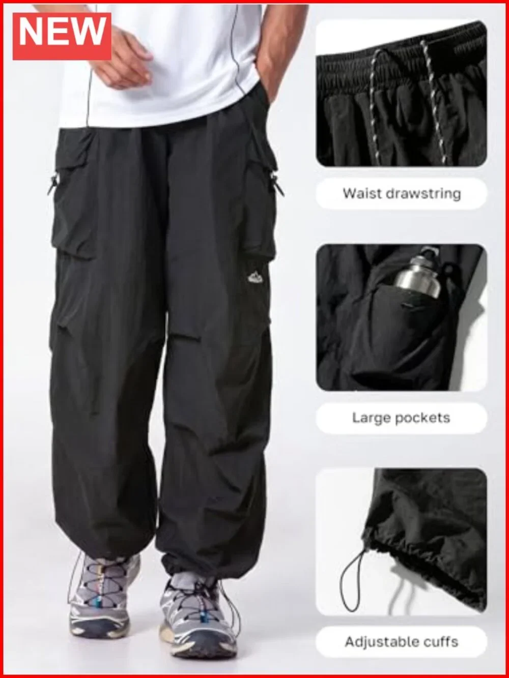 Men's Baggy Cargo Pants Parachute Loose Fit Lightweight Water Resistant with